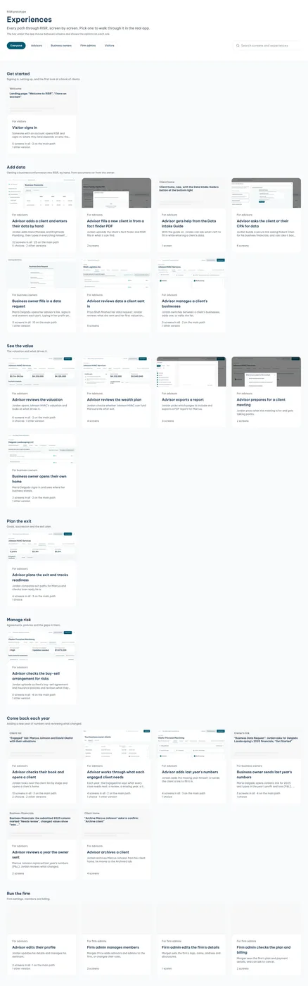 The experiences page, grouped by stage